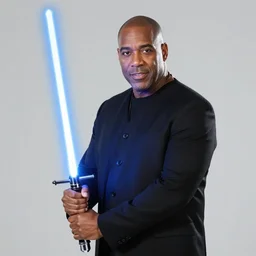 steve harvey holding lightsaber, extremely high detail, clean, photo realistic