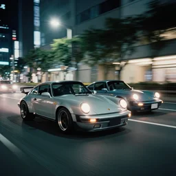 photo of two porsche 911 at night driving fast through a city, cinematic, 4k, long exposure photography, tokyo drift, fast and furious, film still, night photography, motion blur, lens flare, movie shot, analog camera
