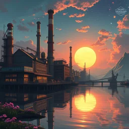 a beautiful hyperdetailed painting of industrial architecture architecture factory by frederick mccubbin, poppy extraterrestial clear night cgsociety retro gem galactic assassin's creed scumm bar landscape universe sunset venus made of glass lake vaporwave flowers morning sun, archdaily, wallpaper, highly detailed, trending on artstation.