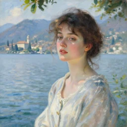 portrait by claude monet!! of a lovely woman!! looking at us daydreaming! lake como in background!!!