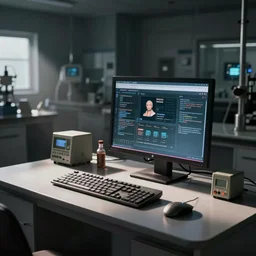 an active computer terminal in a deserted laboratory, rhads