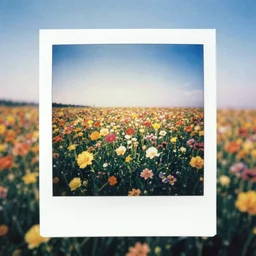 analog polaroid of field full of flowers, light blue sky in background, rich colours, colour bleed, gritty
