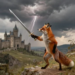 anthropomorphic fox!! who is a medieval knight holding a swo - rd towards a stor - my thundercloud [ 1 9 3 0 s film still ], ( castle in the background )