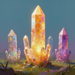 a beautiful matte painting of colorful giant glowing crystal obelisks in serene landscape by beeple, featured on artstation, digital art, rectilinear