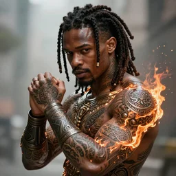 Realistic Black man with burning tattoos, superpowers, superhero, tied Dreadlock hair, artistic pose, light atmosphere, cinematic shot, intricate, ornate, photorealistic, ultra detailed, realistic, 100mm, photography, octane, high definition, depth of field, bokeh, 8k, artstation