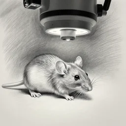 a pencil drawing of a mouse undergoing surgery resting underneath a camera