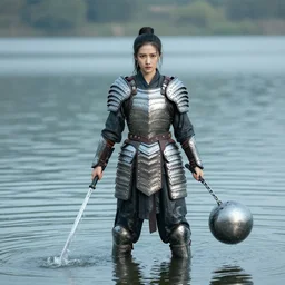 A photograph of a female warrior standing on a lake, wearing armor made of water and wielding a water ball and chain