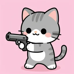 cute grey cat with white stripes plays apex legends, holding gun, comic style, pink background