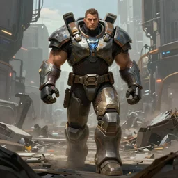 a big muscular body builder warrior in full armor walking across a cyberpunk wasteland with no helmet, mjolnir armor from halo infinite, attractive female face, symmetrical face details, ultra realistic, very highly detailed, 8K, octane, Digital painting, concept art, illustration, rule of thirds, sharp focus, centered, good value control