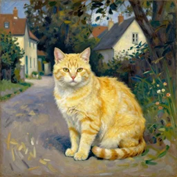 vintage beautiful painting of a fat yellow cat in a village street in Mary Cassatt style