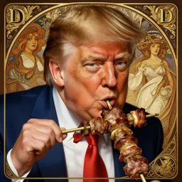 donald trump eating a kebab, closeup, d & d, fantasy, intricate, elegant, highly detailed, digital painting, artstation, concept art, matte, sharp focus, illustration, art by artgerm and greg rutkowski and alphonse mucha
