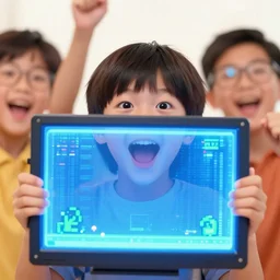 close up photorealistic cinematography still of a kids cheering on an 8 bit video game with excitement in front of a glowing photorealitsic a digital vt 1 0 0 computer terminal display sitting on desk surrounded by darkness in a pitch black soundstage shot on eastman 1 6 mm 7 2 4 7 film with a cooke panchro 6 5 mm macro lens