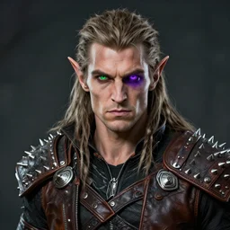 d & d style, upper body portrait, tabaxi male, wearing studded leather, one eye green the other purple.