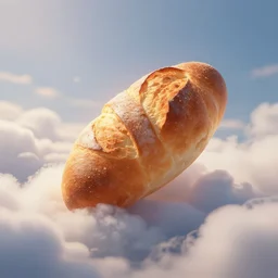 a bread assending to heaven, soft glow, clouds n - 8