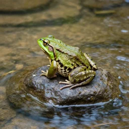 A frog sitting on a glistening creek rock, flowing clear water creek bed, photorealistic