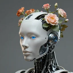 close up portrait of a cyborg with flowers growing out of its head, photograph in the style of WLOP