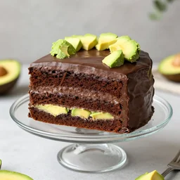 quadruple layer chocolate cake on a fancy glass stand garnished with pieces of avocado