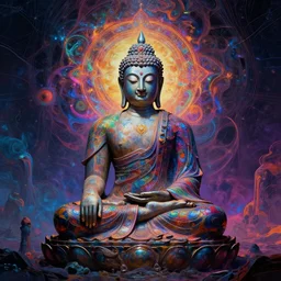 ancient Buddha corrupted by pure chaos , colorfull fractal dmt textured emanating from third eye, healing warlock , entombment of the machine , spiritual liberation, vibrant colorfull atmospheric landscape with dark crisp lines , soft illumination