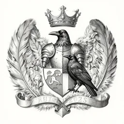 a family coat of arms with a crow in armour in the middle surrounded by a reef of feathers, pencil and ink, very detailed, greg rutkowski and alphonse mucha,