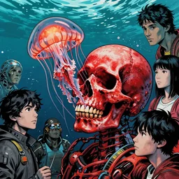 a glowing red skull in the sea caught by a jellyfish by josan gonzalez and dan mumford and albrecht anker and miho hirano and ross tran and chiho aoshima, highly detailed, high contrast, pop art, comic shading, intricate details, blended color palette