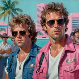 an oil painting closeup of eighties miami vice, crockett and tubbs, ultra realistic, highly detailed, masterpiece, cinematic by frank frazetta, greg rutkowski, beeple, yoko taro, christian macnevin, beeple, wlop, krenz cushart, epic fantasy character art, volumetric lighting, cgsociety, pink and teal