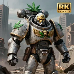 concept art of a space marine with cannabis leafs as insignia, a war torn city in the background, epic full shot, Warhammer 40k, cinematic lighting, professional photography, sharp focus, octane render, highly detailed, very realistic, photorealistic, Artstationhd, 8k, award winning on Artstation, hyper detailed, hyper realistic