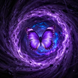 a still of a glowing purple butterfly flying through a wormhole, purple and blue fiery maelstrom in the distance, octane render, digital art, artstationhq