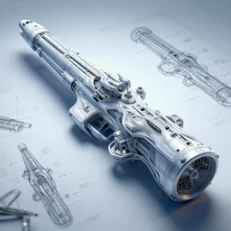 ornately annotated blueprint schematics for a large unknown weapon ultrafine, hyperrealistic, intricate linework, sharp focus, smooth, unreal engine, dramatic lighting, ethereal, 8 k