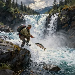 tardigrade fishing for salmon at Brooks Falls in Alaska, landscape painting by Moran and George Caitlin