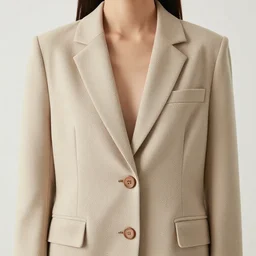 a realistic photograph of a single woman blazer, with two front pockets, with shoulder pads, with one brown buttton, beige color scheme, 8 k