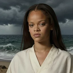rihanna, the sea in the background, storm, by rene magritte, tendring on artstation, details, highly detailed, 4 k.