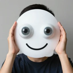guy with a with a simplistic white circle full smile mask holding large eyeballs that look like marbles