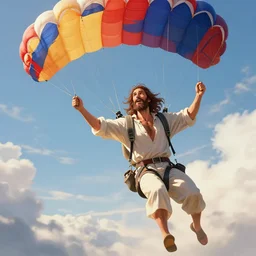 detailed, sharp, Jesus playing parachute. digital art. featured on artstation. anime arts. featured on Pixiv, HD, 8K, highly detailed, good lighting