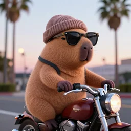 a photorealistic photograph of a knitted cute Capybara wearing stylish sunglasses and dressed in a beanie cap. The subject is riding on a motorcycle in Hollywood at dusk. Palm trees in the background. This 4K HD image is Trending on Artstation, featured on Behance, well-rendered, extra crisp, features intricate detail and the style of Unreal Engine.