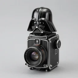photograph of a darth vader inspired medium format camera!!! . very detailed. plain background. 8K . still life photo. elegant vintage design.