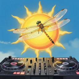 the sun in several fragments over a giant DJ mixer artwork by Tomer Hanuka Rendering with an giant dragonfly flying over it. full of details, by Makoto Shinkai and thomas kinkade, Matte painting, trending on artstation and unreal engine