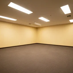 empty 9 0 s office building with no windows doors or furniture. the building has brown carpet and yellow wallpaper