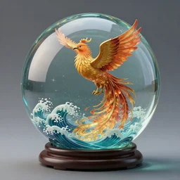 glass crystal ball, phoenix bird rising from the ashes inside, ocean waves below, studio ghibili, path traced, octane render, highly detailed, high quality, artgerm, hd, alphonse mucha, tom bagshaw