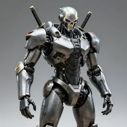 combat android, gun for a head, katana arms, skeletal face, military prototype, photography, hi - tech