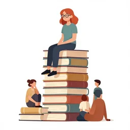 a young woman with red hair and glasses sits on top of a tall pile of books. clean cel shaded vector art. shutterstock. behance hd by jean giraud, artgerm, helen huang, by makoto shinkai and ilya kuvshinov, rossdraws, illustration, art by ilya kuvshinov