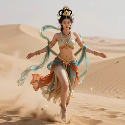 a beautiful female human god of sandstorm character, character is in all its glory, character is centered on the image, character is flying, rim lights, highly detailed professional photo, dynamic lights, particles are flying, depth of field, trending on artstation, illustration, hyper realistic, vray caustics, super detailed, colorful accents, cinematic shot