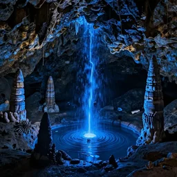 a pond of liquid metal mercury deep underground, lit by glowing blue stalactites