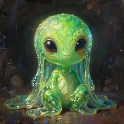 portrait of my ethereal waifu cute innocent green slimy alien creature with adorable uwu eyes painted by greg rutkowski, wlop,,