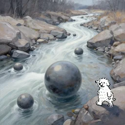 in the powdered river, unsettling orbs are like rocks, by Dan Mumford and Mr Doodle, trending on artstation