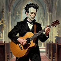 Doyle Wolfgang von Frankenstein playing the guitar at church by Greg Hildebrandt