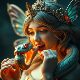 portrait of fairy princess biting off the head of a snake, beautiful, attractive, glowing, ornate and intricate, jaw dropping, dynamic lighting, colorful, fairy tale, intricate and detailed, 4 k octane render