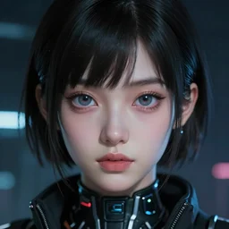 a potrait of a cyberpunk cyborg girl with big and cute eyes, fine - face, realistic shaded perfect face, fine details. night setting. very anime style. realistic shaded lighting poster by ilya kuvshinov katsuhiro, magali villeneuve, artgerm, jeremy lipkin and michael garmash, rob rey and kentaro miura style, trending on art station, painted by beksinkski