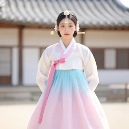 pretty korean woman wearing beatiful hanbok, bright pastel colors