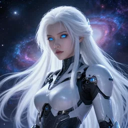 perfect android girl on a mothership, warframe armor, beautiful face, scifi, futuristic, galaxy, nebula, raytracing, dreamy, long white hair, blue cyborg eyes, sharp focus, cinematic lighting, highly detailed, artstation, divine, by takato yamamoto, gauthier leblanc, kazuya takahashi, huifeng huang