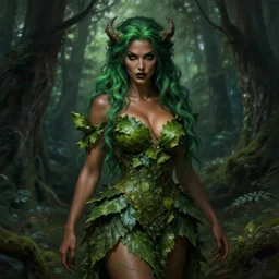 portrait of a evil forest mage, female, dress made of green leaves, gorgeous, green hair, brown skin, curves, forest background, highly detailed, smooth, sharp focus, chiaroscuro, digital painting, artgerm and greg rutkowski and alphonse mucha